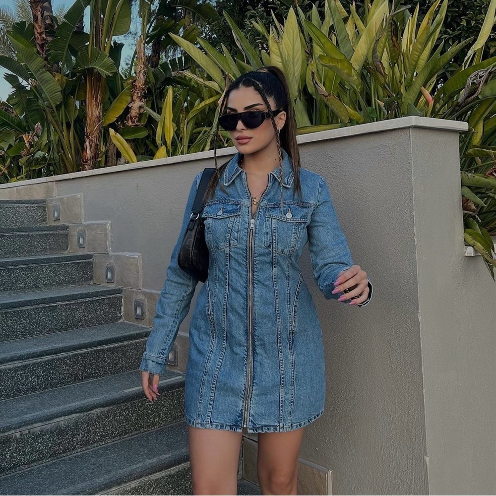 Zara dress denim jeans zip up collared long sleeve fall mini dress